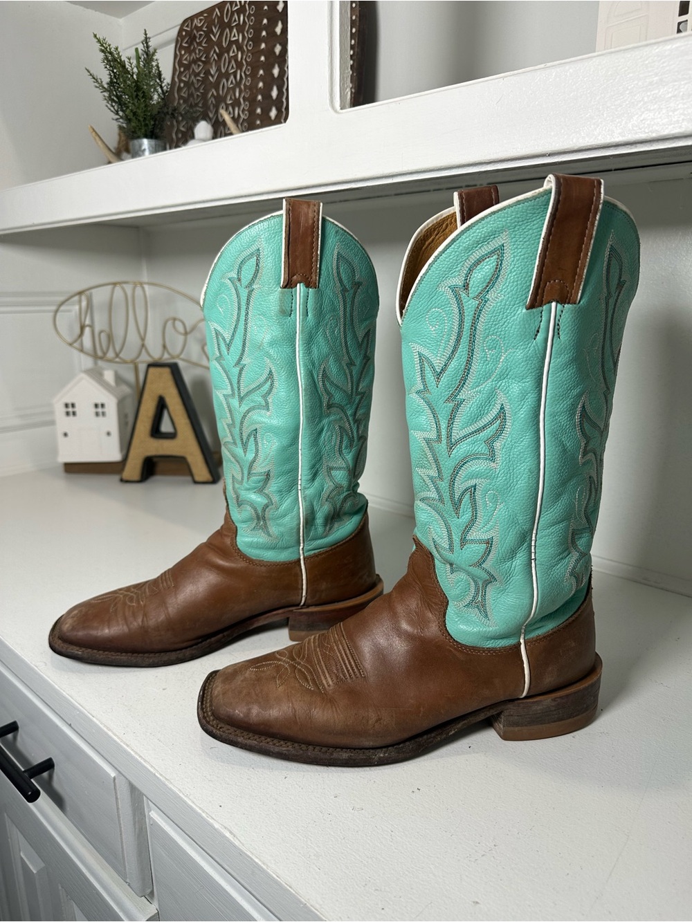 Justin Cowboy Boots Womens 9B Brown Turquoise Leather Western Cowgirl USA